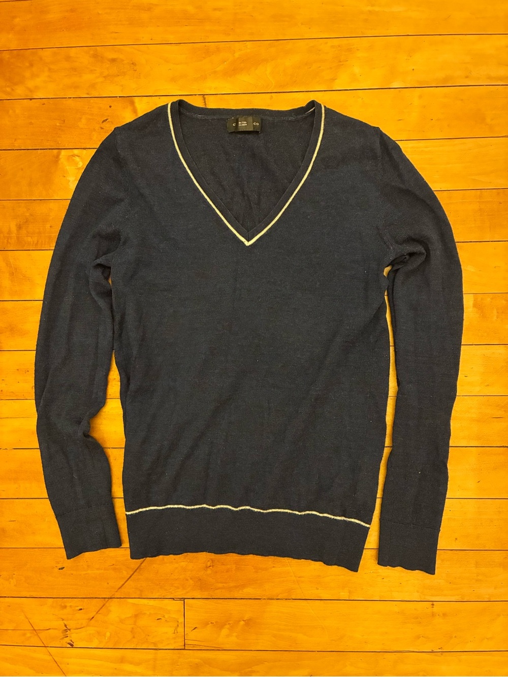 Club Monaco Merino Wool Navy V-Neck Sweater with White Trim